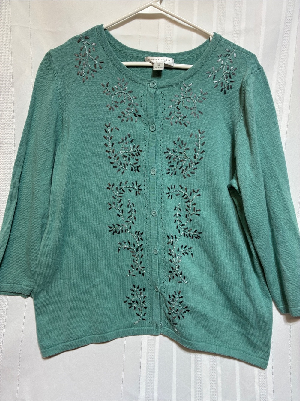 Christopher & Banks seafoam green button-front cardigan with embriodery and bead